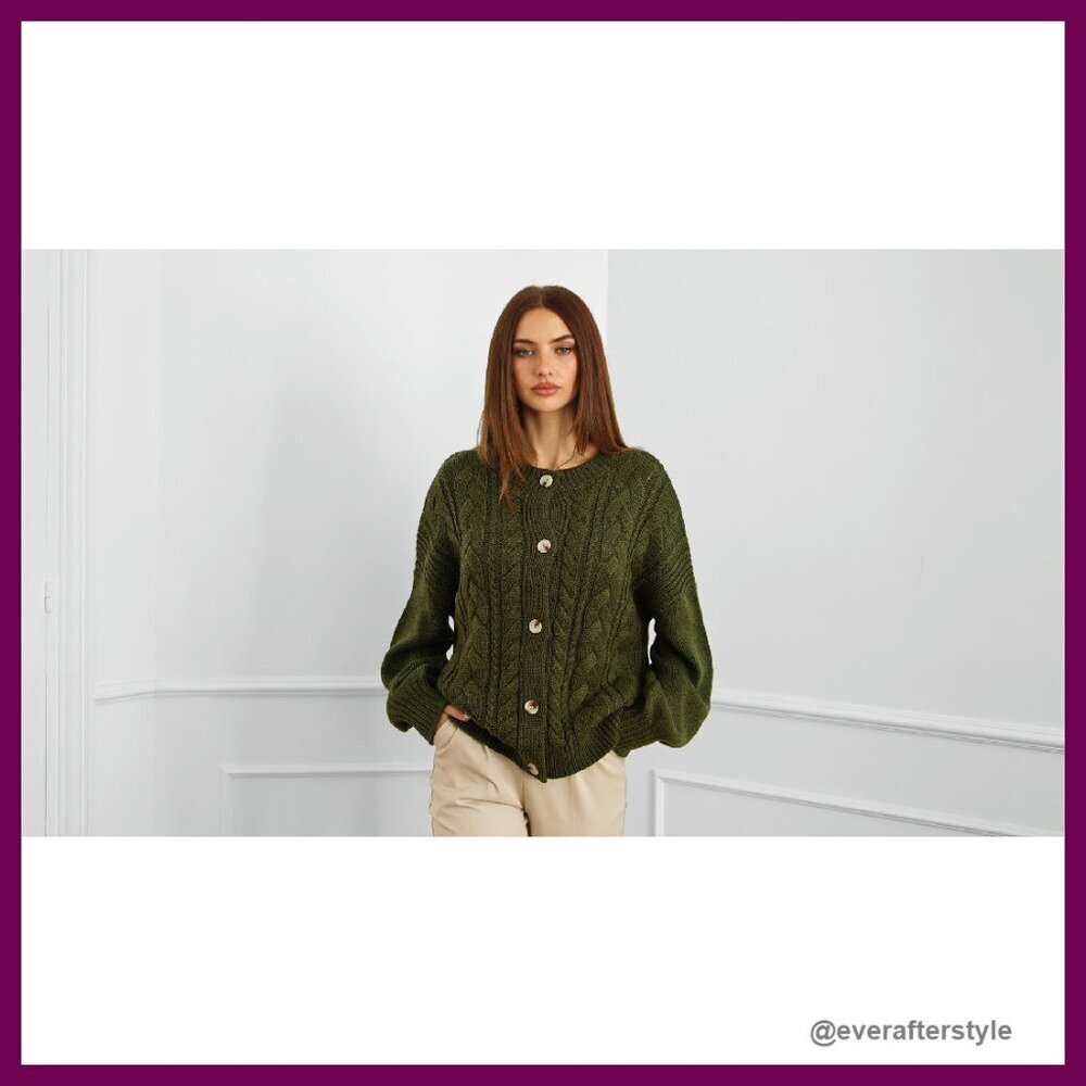 Chunky Cable Knit Cardigan Oversized Loose Fit Button Front Winter Cozy - Picture 8 of 8